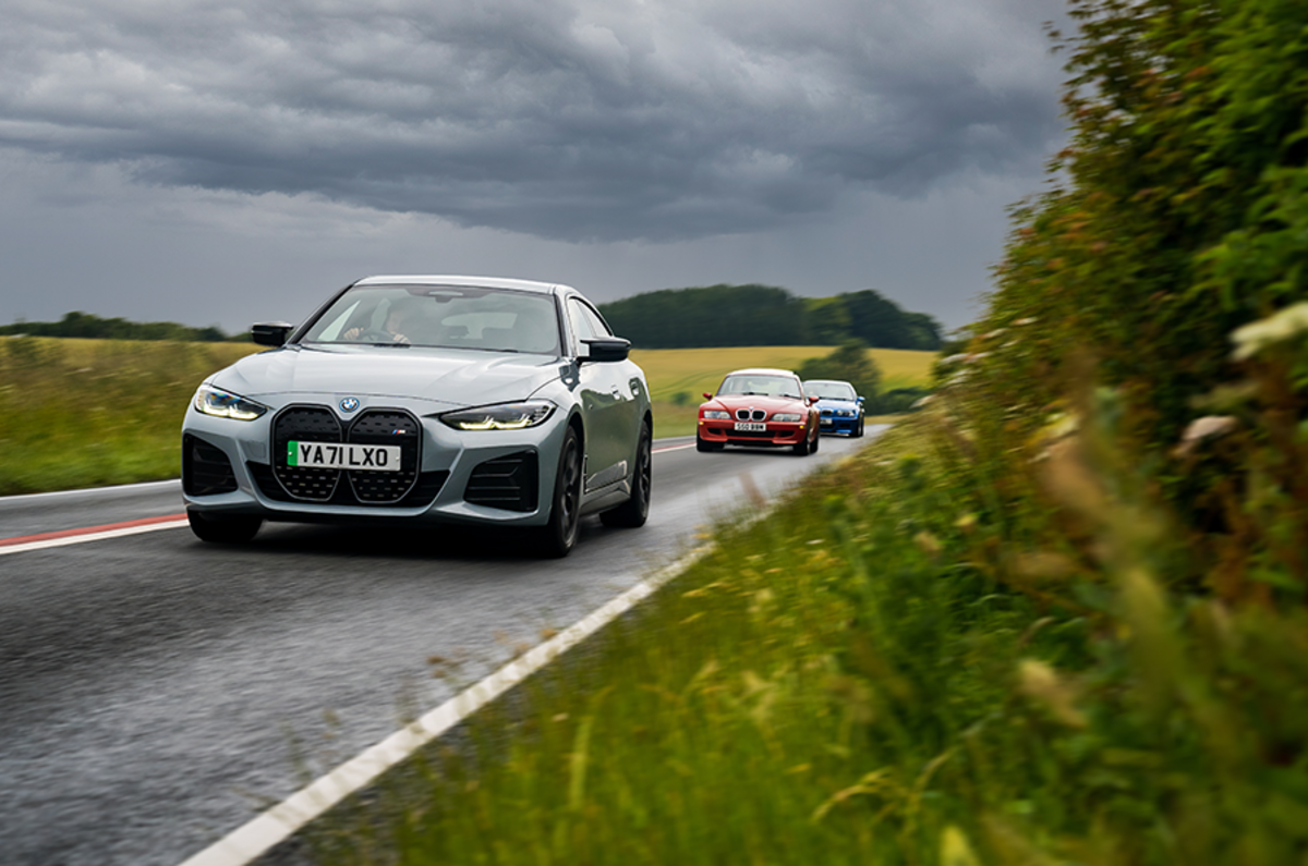 The BMW i4 M50 leads the way as our convoy heads to the Goodwood Festival Of Speed