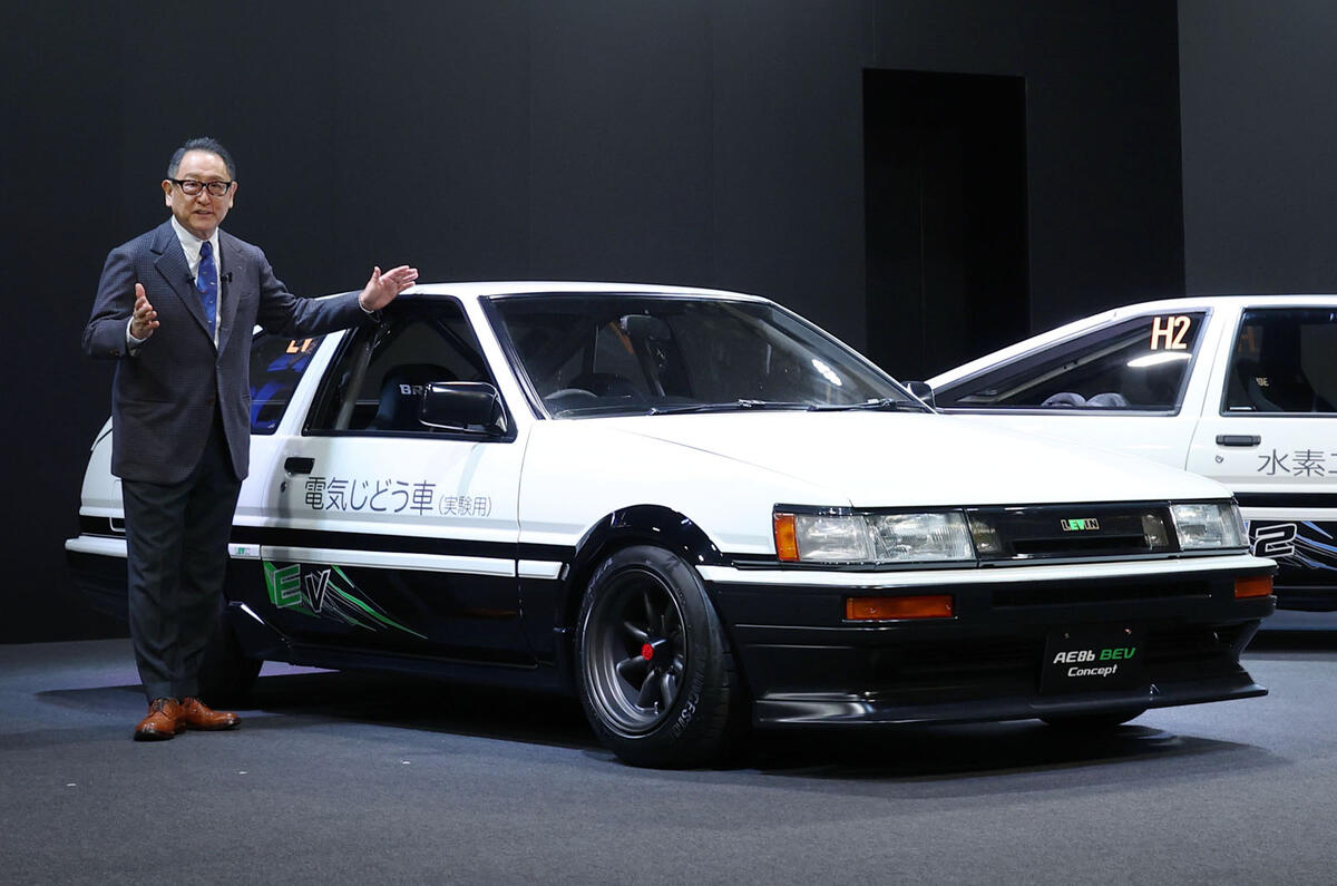 Akio Toyoda with Toyota Corolla Sprinter Levin BEV concept 2023