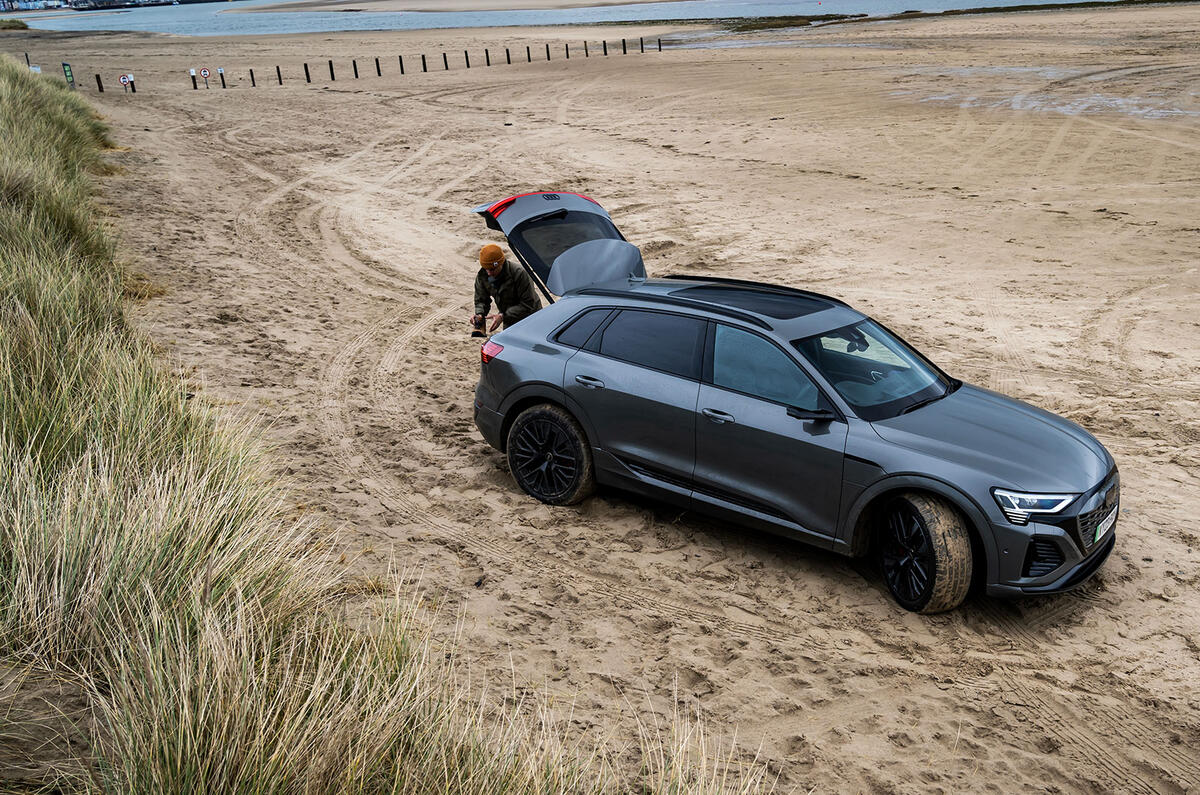 Perching on the Audi Q8 e-tron’s perfectly positioned tailgate we get our walking boots on
