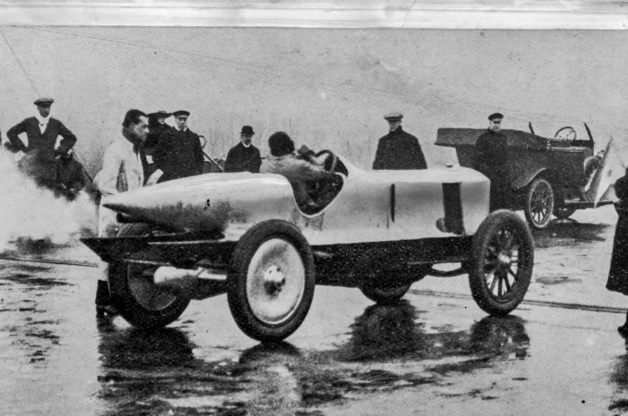 Percy Lambert fires up his Talbot for the record run at Brooklands