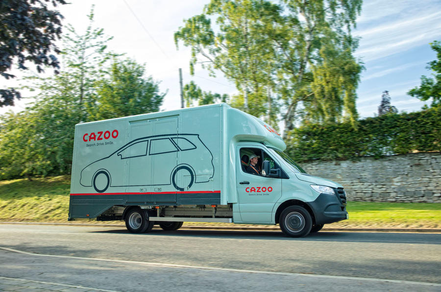 Cazoo Mercdes Sprinter car transporter front quarter tracking