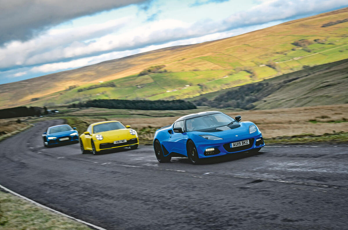 Revving the Evora’s supercharged V6 to 7000rpm is more exhilarating than what Porsche’s accomplished flat six can offer, but the R8’s lump hits hardest at 562bhp and 413lb ft
