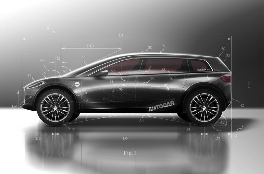 Dyson electric car patent images overlaid on Autocar render