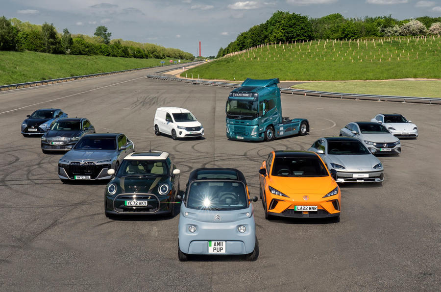 Electric vehicles lined up at Millbrook proving ground led by Citroen Ami