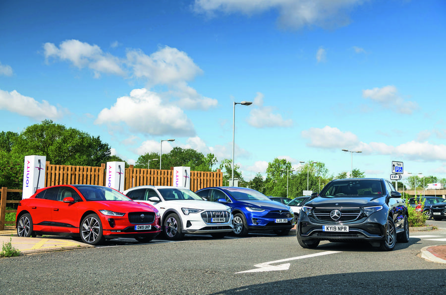 Mercedes-Benz EQC, Jaguar I-Pace, Audi E-tron and Tesla Model X charging