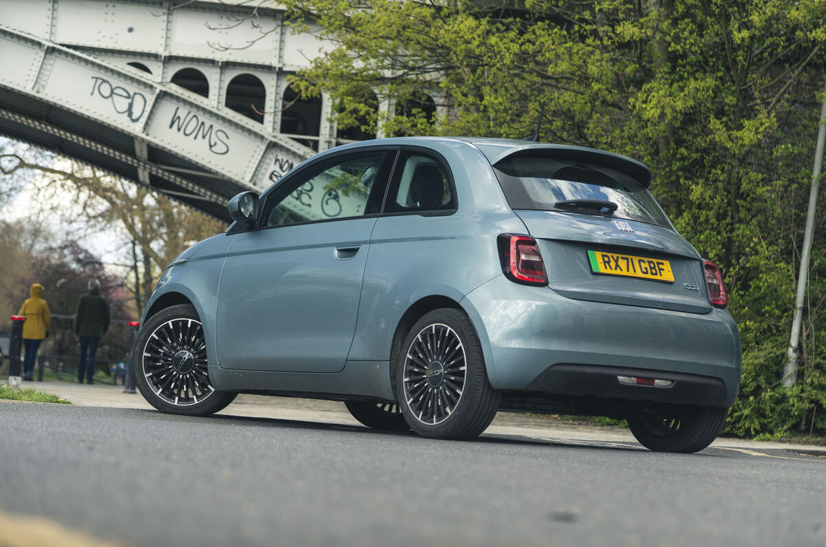 Fiat 500 electric parked from rear