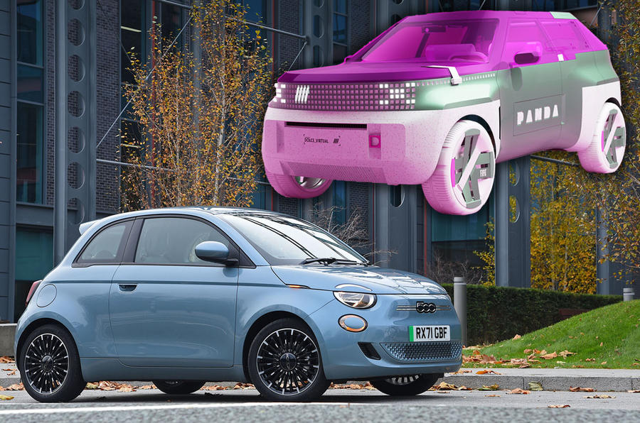 Fiat 500e parked with Fiat Panda concept superimposed above