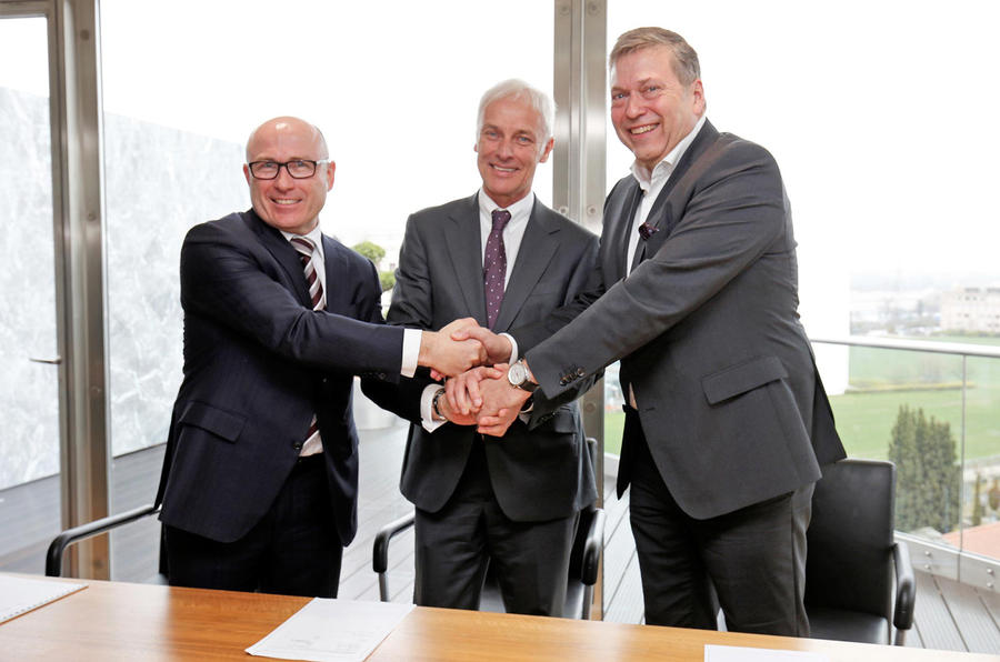 Guenter Butschek, CEO & MD of Tata Motors, Matthias Mueller, CEO of Volkswagen AG and Bernhard Maier, CEO of Skoda Auto