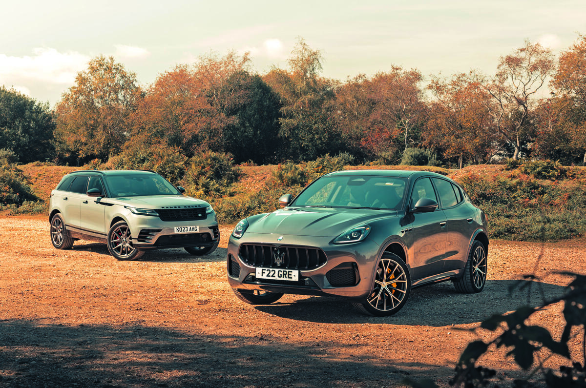 Maserati Grecale parked with Range Rover Velar