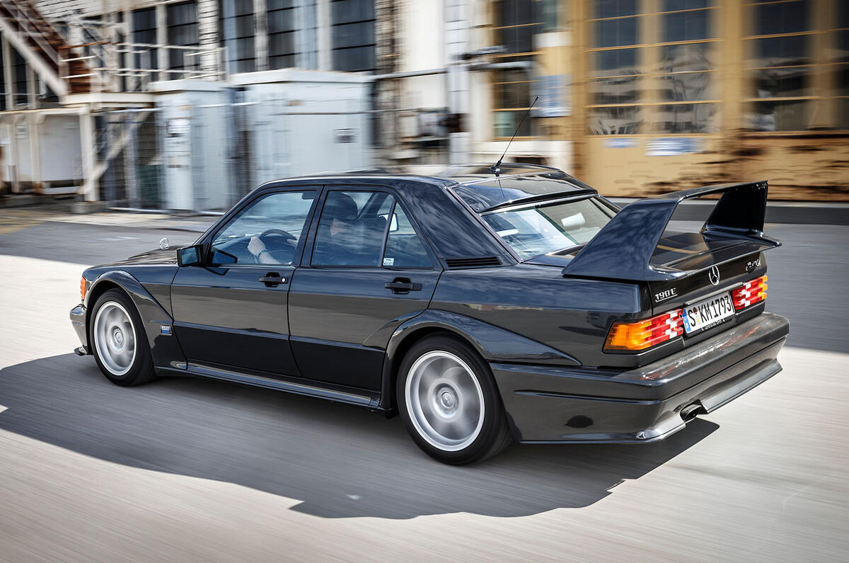 Mercedes 190E Cosworth rear three quarter tracking