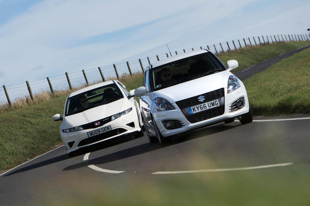 Suzuki Swift Sport vs Honda Civic Type R Mugen vs Renault Clio Cup 