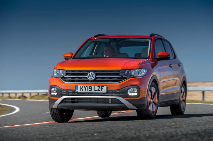 Volkswagen T-Cross front three quarters on the road