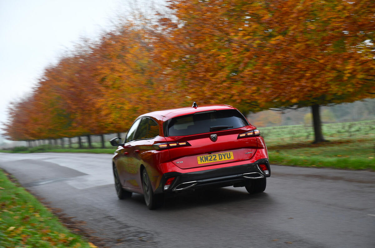 Peugeot 308 arrière avec des arbres orange