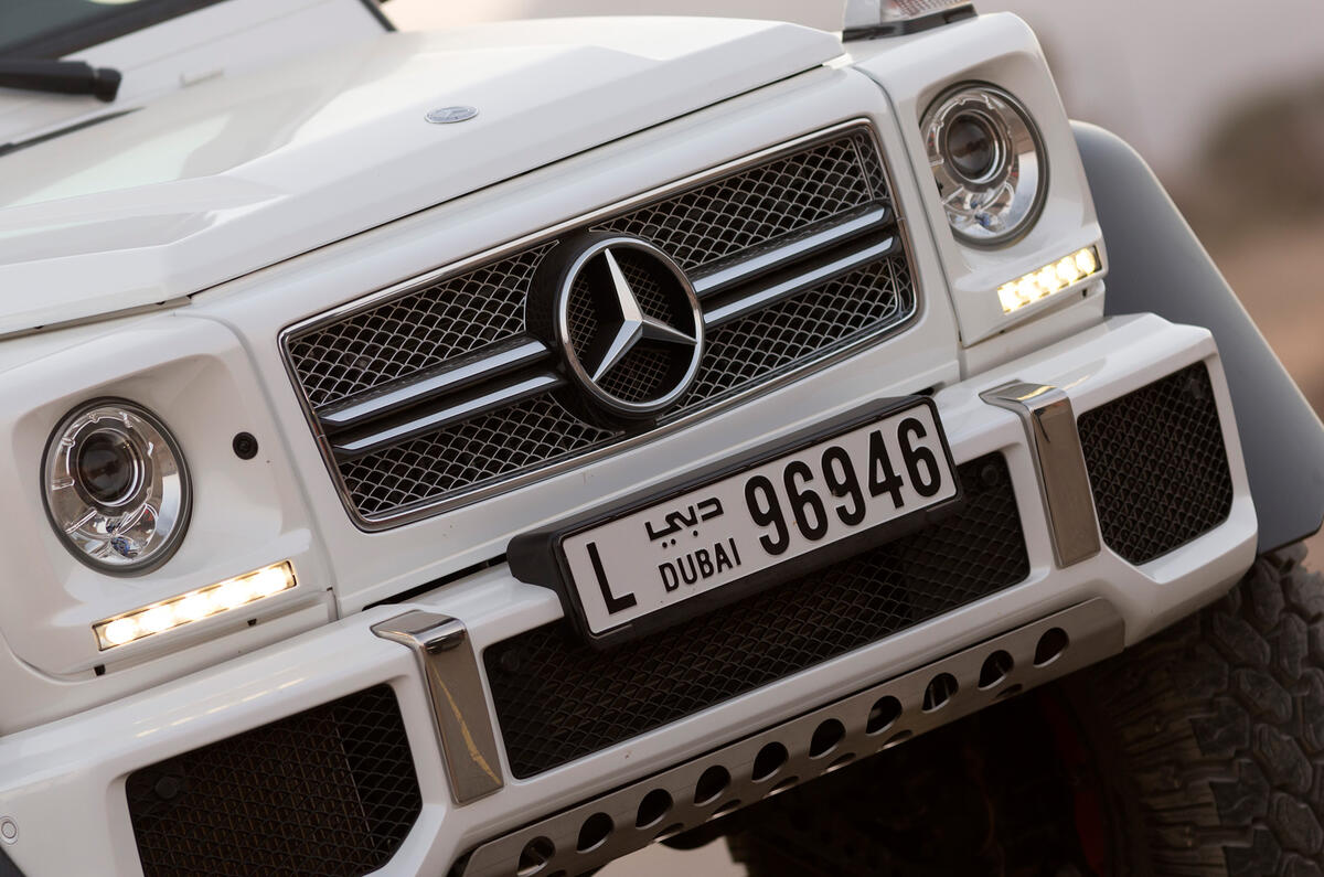 The front end of the Mercedes-AMG G 63 6x6 looks like the standard car